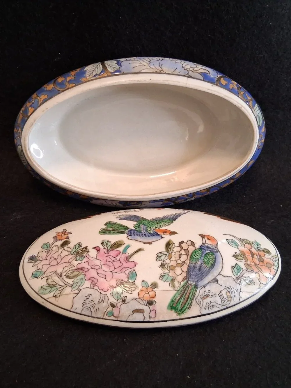 VTG Made in China Chinoiserie Ceramic Oval Trinket Box Bird & Floral Gold Accent - Picture 7 of 13